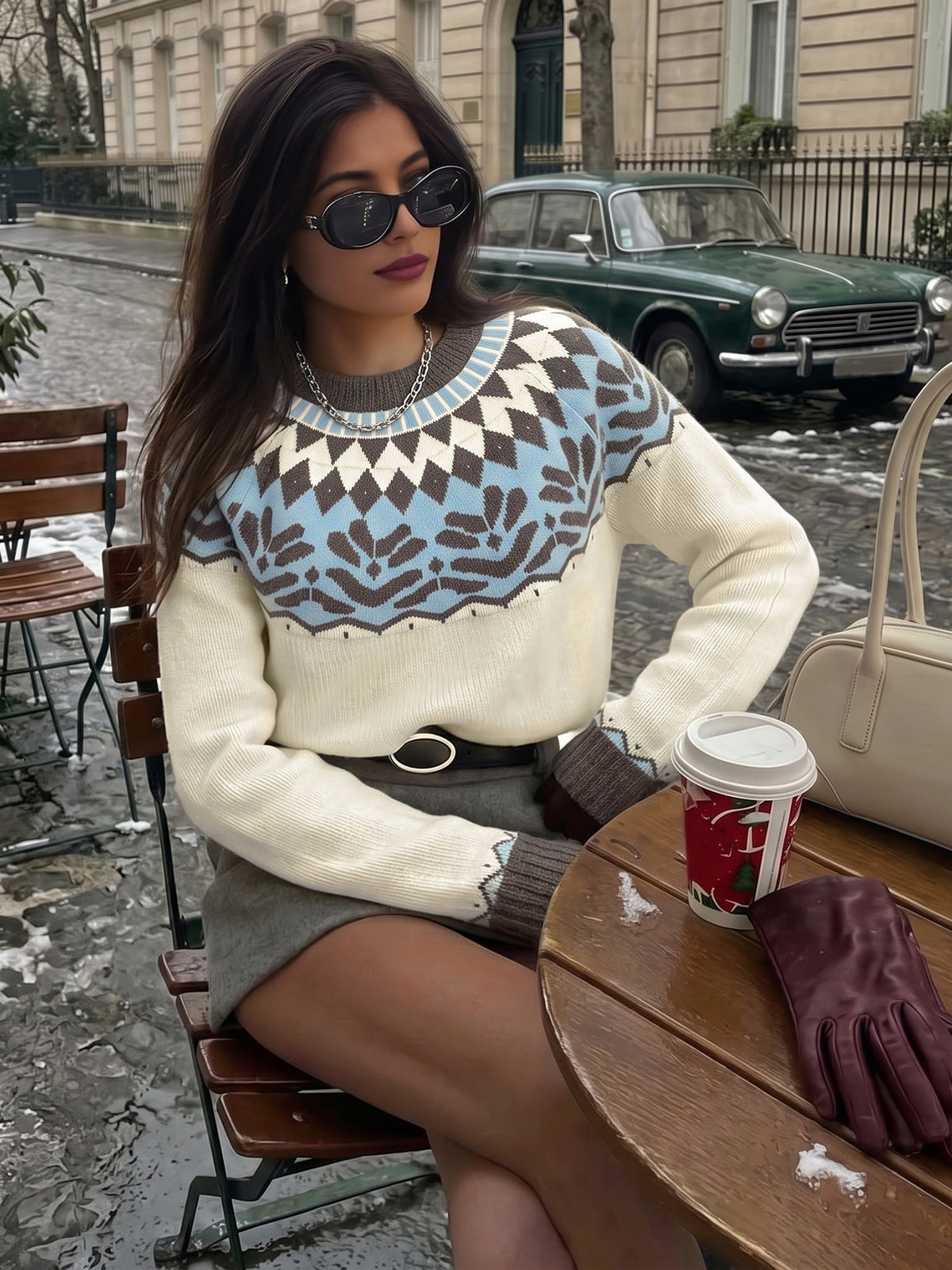 ivory pullover sweater with Fair Isle and crew neck