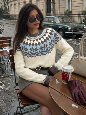 ivory pullover sweater with Fair Isle and crew neck