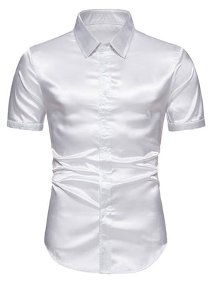Men's white satin finish short sleeve button-up shirt with ruched sides.