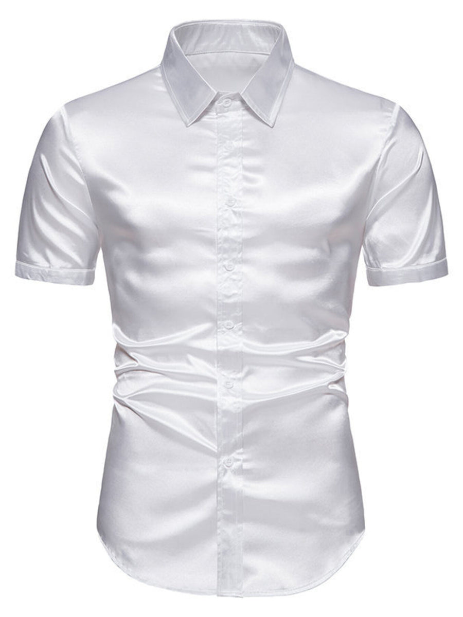 Men's white satin finish short sleeve button-up shirt with ruched sides.