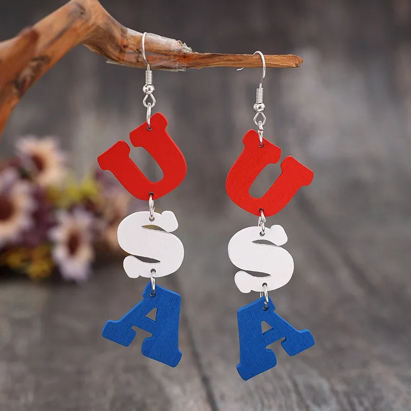 Patriotic USA letter drop earrings in red, white, and blue wood.