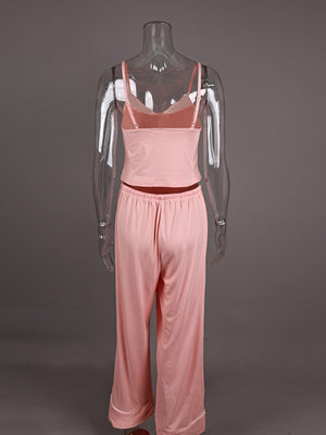Pink lace trim cami and wide leg lounge pants set with satin trim detail