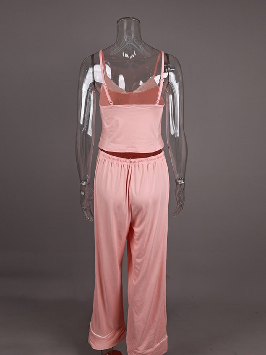 Pink lace trim cami and wide leg lounge pants set with satin trim detail