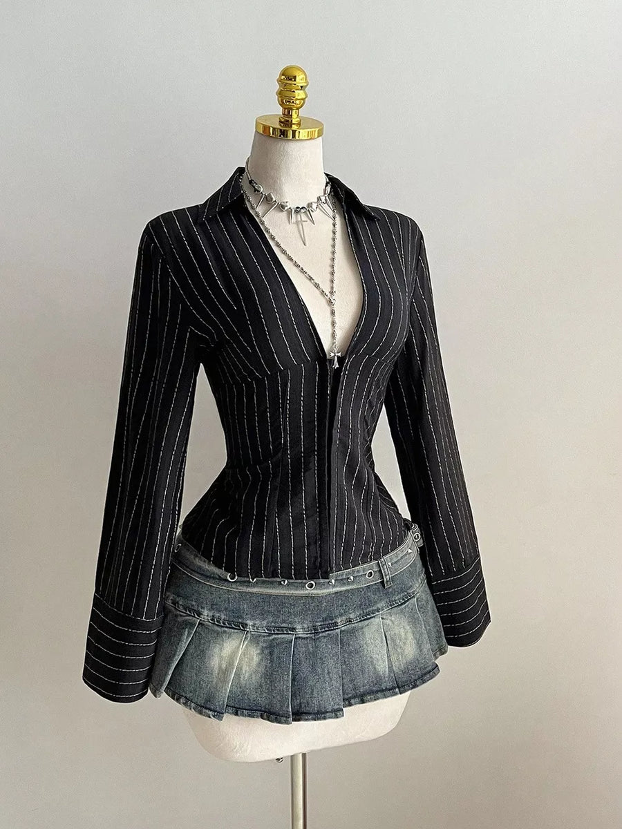 Striped Long Sleeve Fitted Blouse option 7