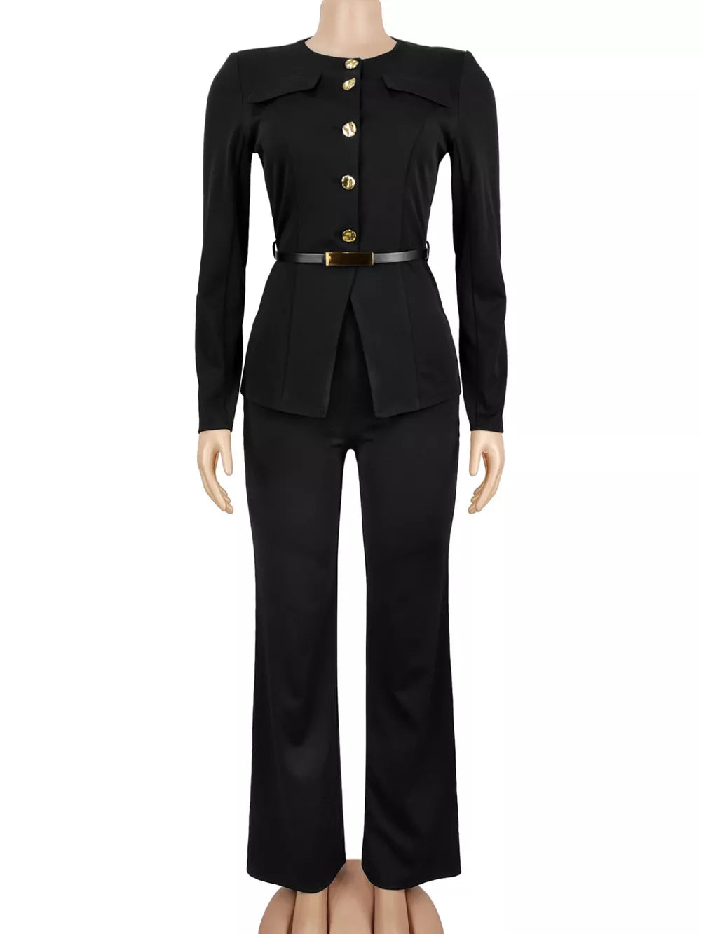 Button Up Long Sleeve Top And Pants Set in Black with buttoned