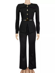 Button Up Long Sleeve Top And Pants Set in Black with buttoned