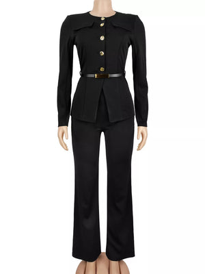 Button Up Long Sleeve Top And Pants Set in Black with buttoned
