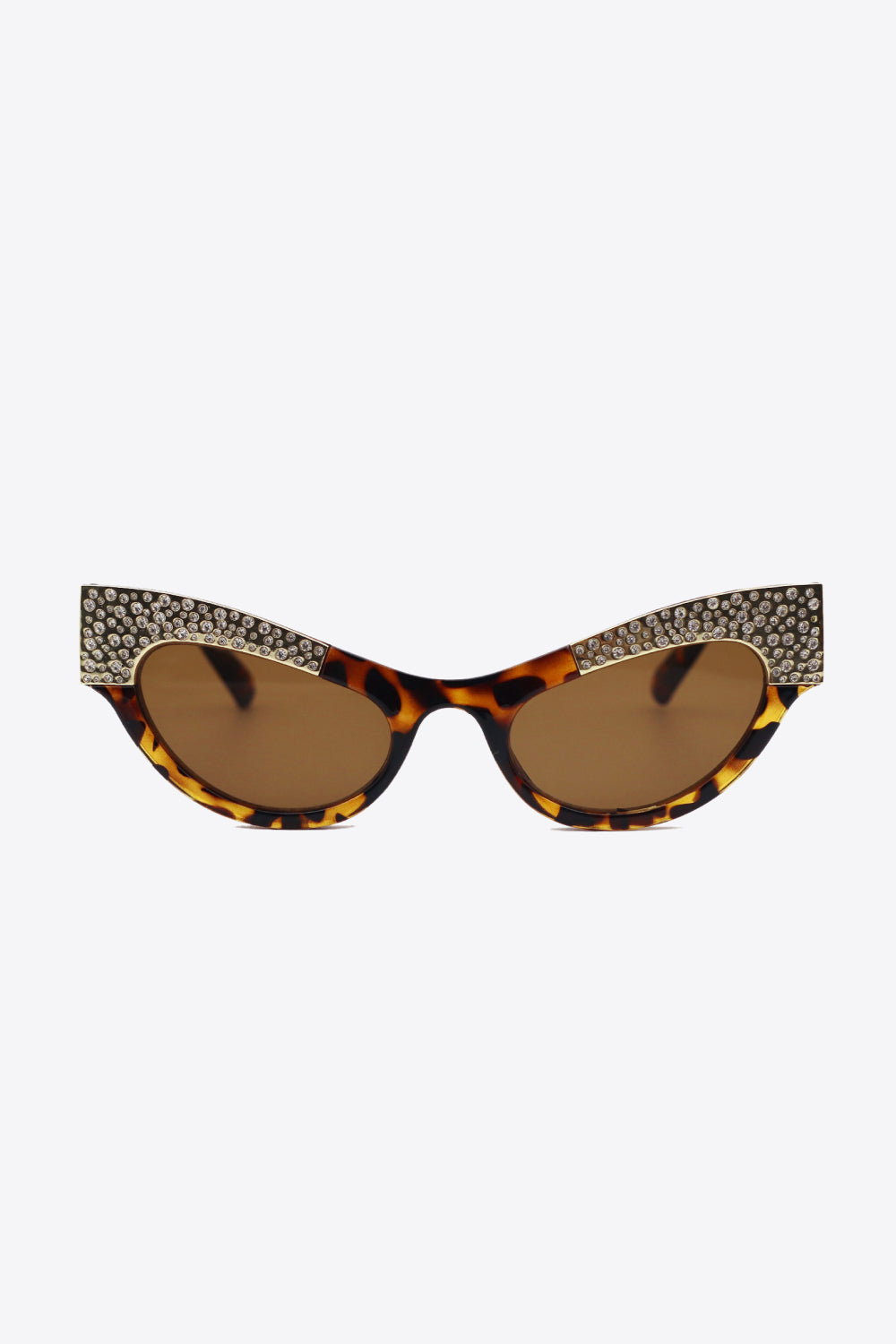 Tortoiseshell cat-eye sunglasses with crystal embellishments and brown lenses.