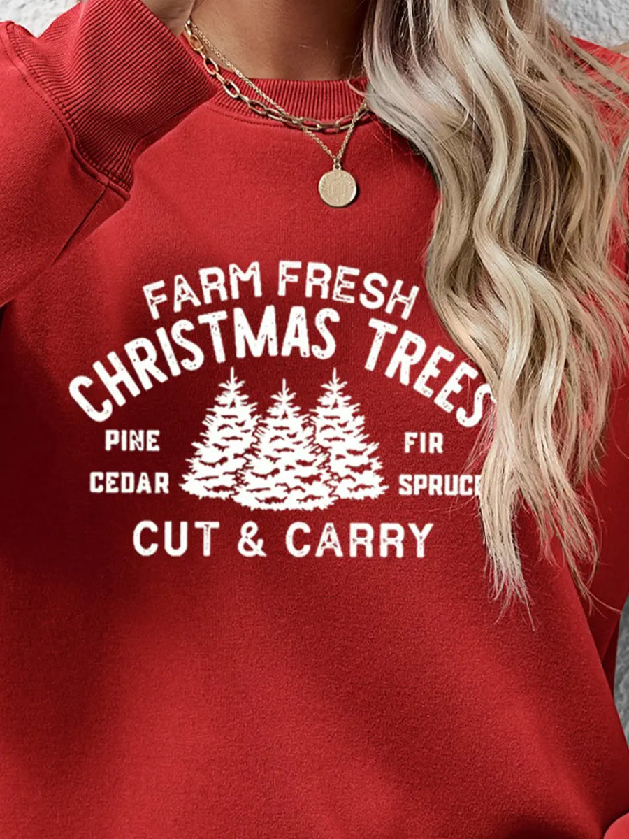 Deep Red crewneck sweatshirt with Farm Fresh Christmas Trees graphic and cozy crewneck.