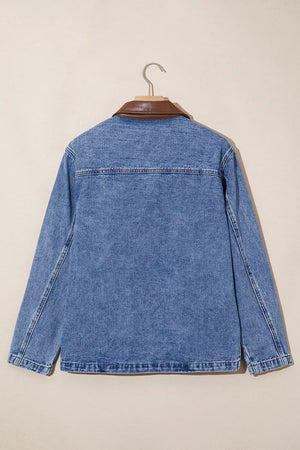 Dusty Blue with Patchwork Leather Collar Denim Jacket in Dusty Blue