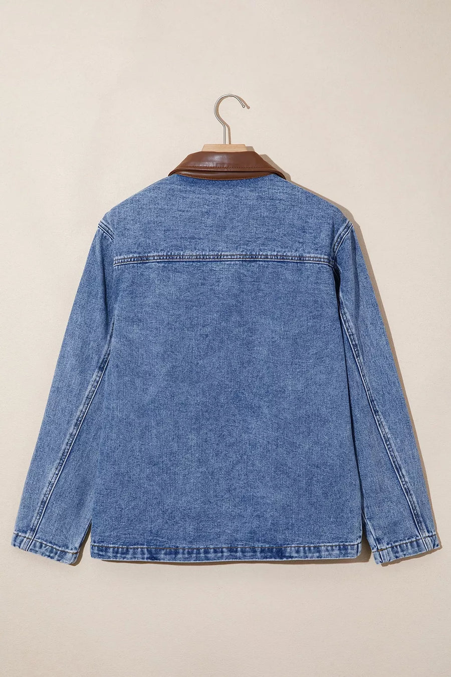 Dusty Blue with Patchwork Leather Collar Denim Jacket in Dusty Blue