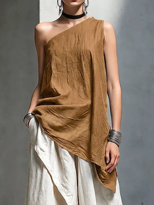 100% polyester Care instructions: Machine wash cold one-shoulder top in Light Blue with relaxed silhouette