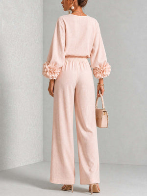 100% polyester Care instructions: Machine wash cold two-piece set in Blush Pink with relaxed (top), wide-leg (pants)
