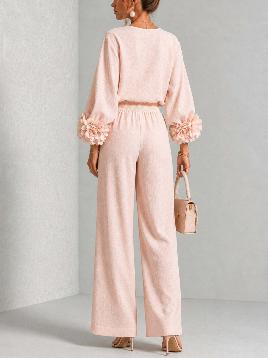 100% polyester Care instructions: Machine wash cold two-piece set in Blush Pink with relaxed (top), wide-leg (pants)
