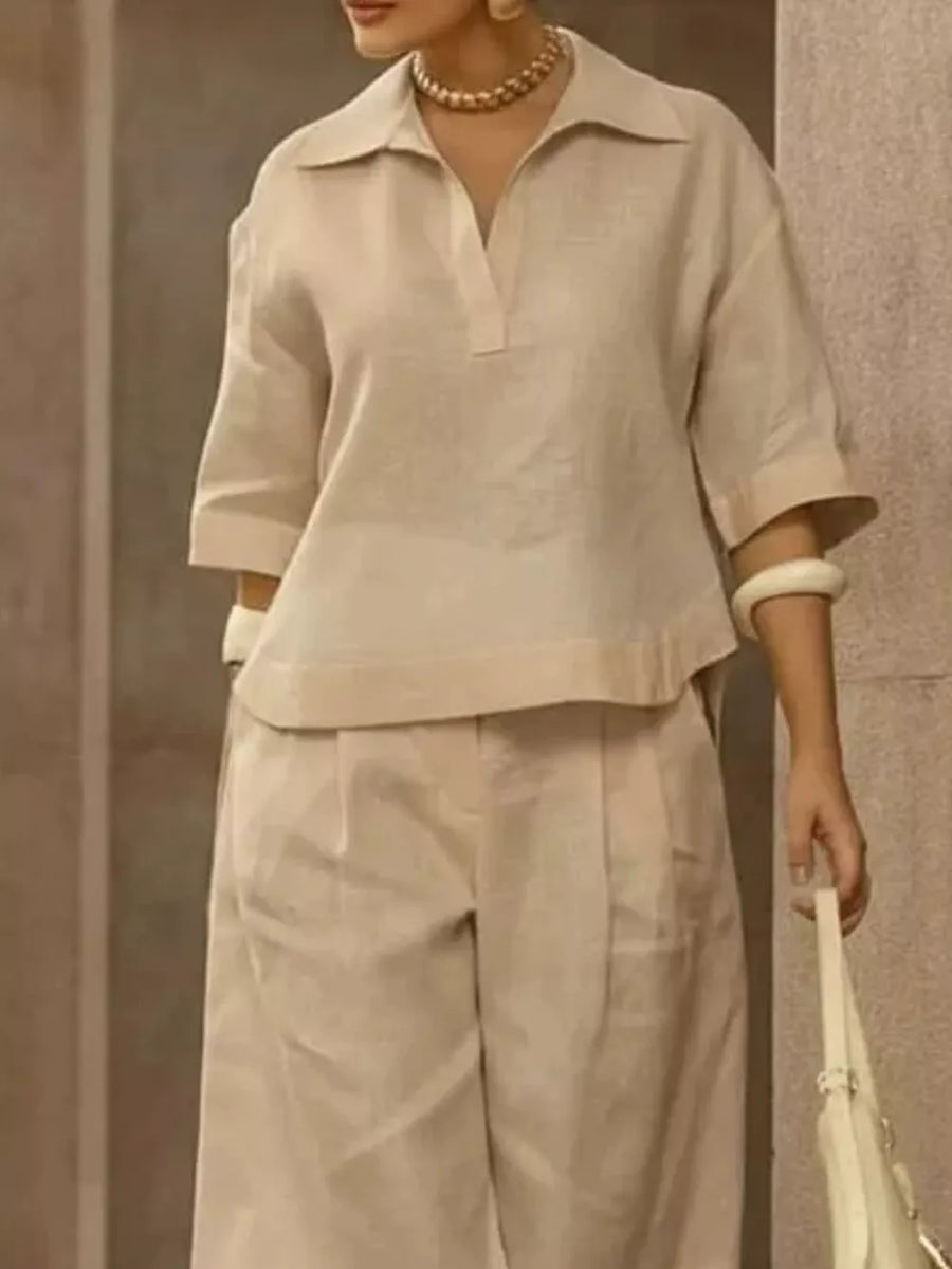 minimalist matching set in White with collared v-neck