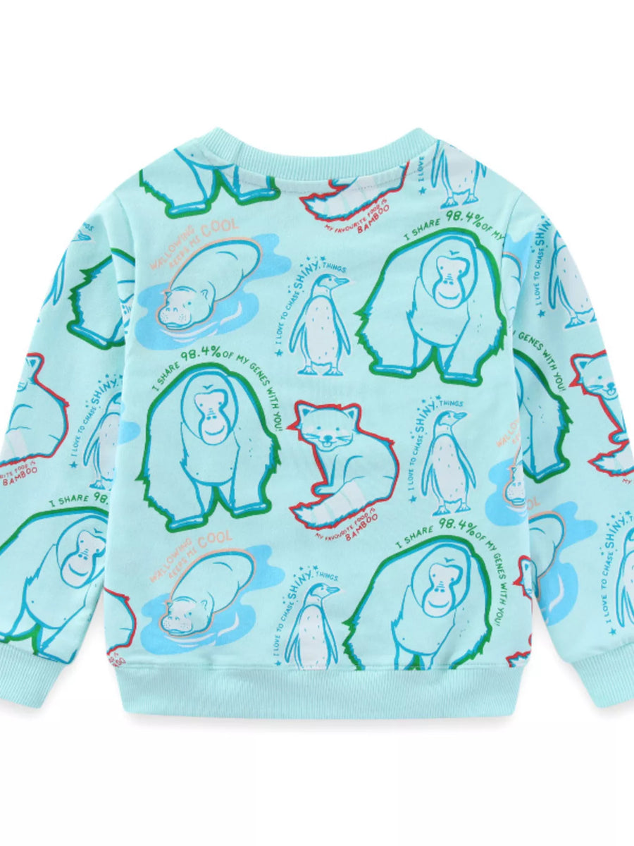 Baby sweatshirt in mint blue with playful animal print, cotton blend, crew neck, long sleeves.
