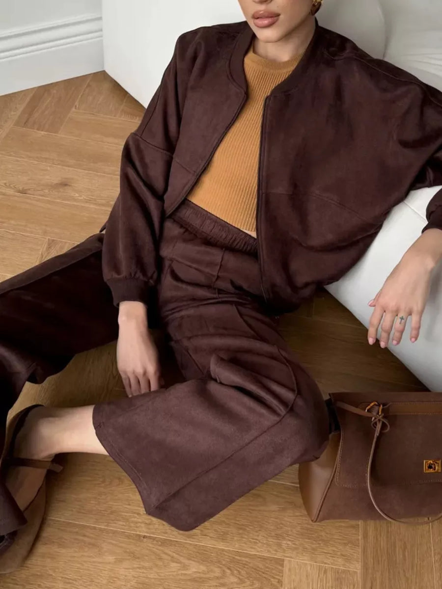 Zip Up Sweatshirt And Wide-leg Pants Set in Light Gray with pocketed