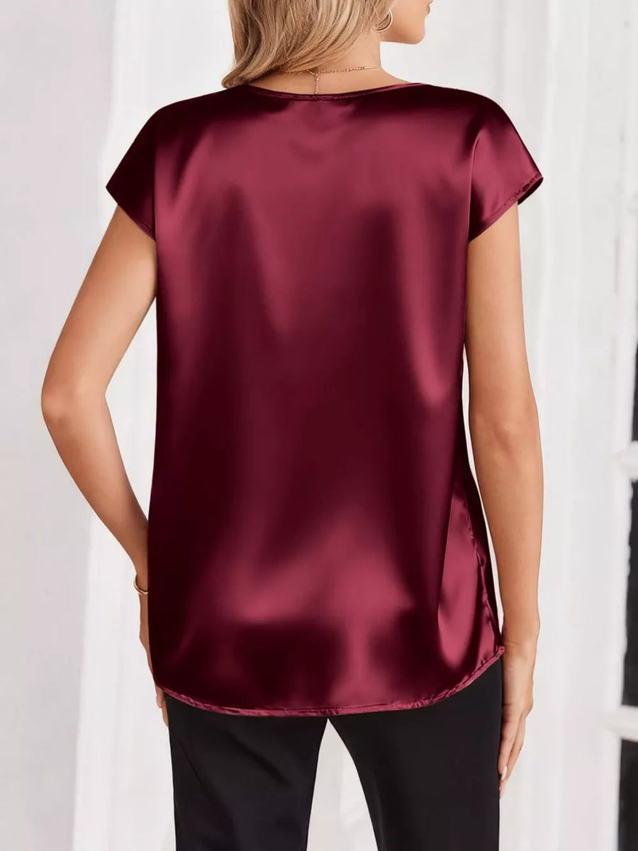 Wine Red satin V-neck blouse with short sleeves and a lustrous finish.