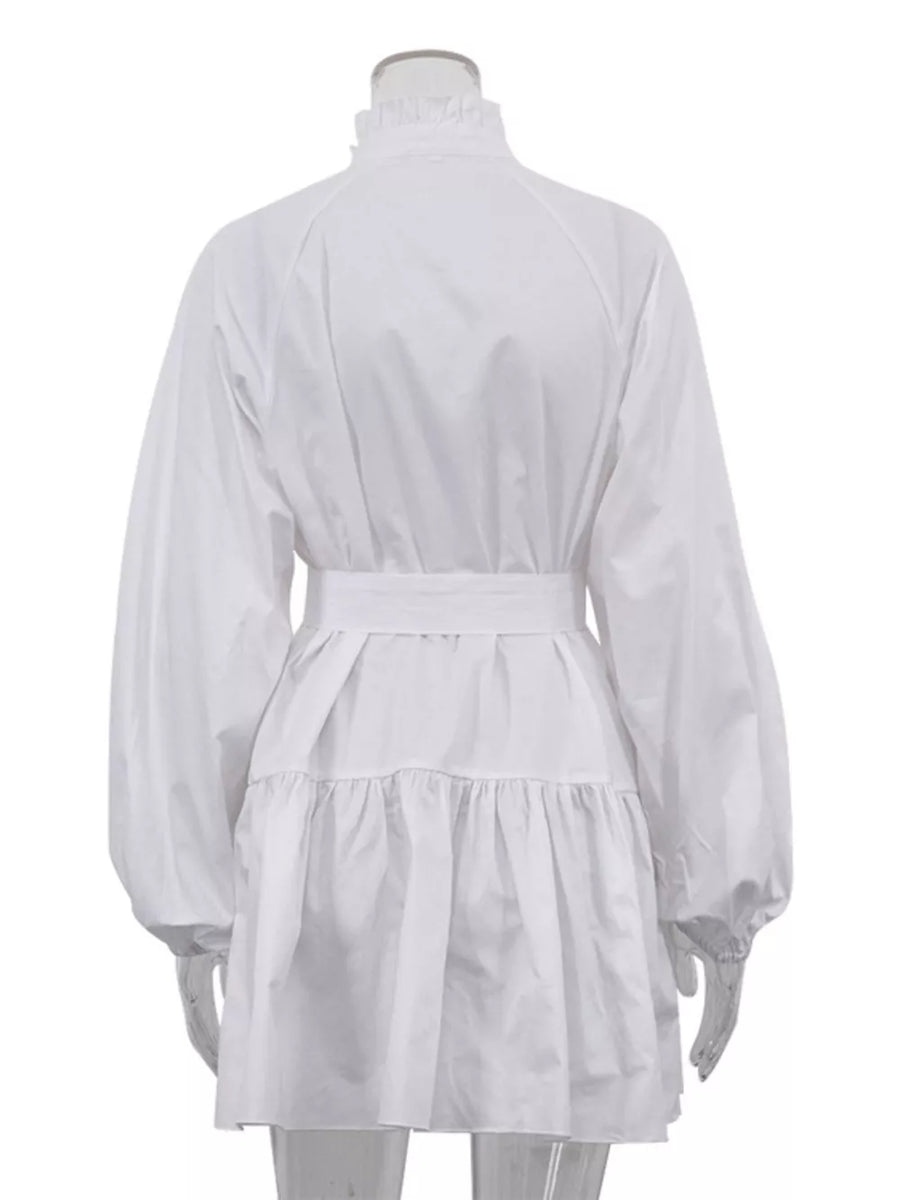 White cotton dress with ruffled neckline, balloon sleeves, belted waist, and tiered skirt.