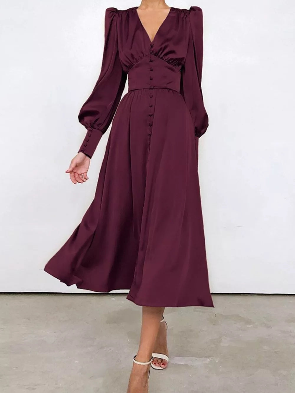 white midi dress with ruched and lantern sleeve