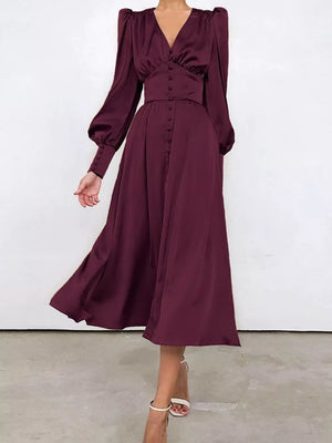 white midi dress with ruched and lantern sleeve
