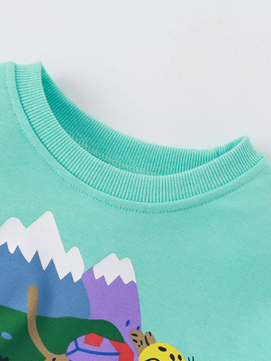 Kids' graphic sweatshirt in mint blue with ribbed crew neck and mountain scene.