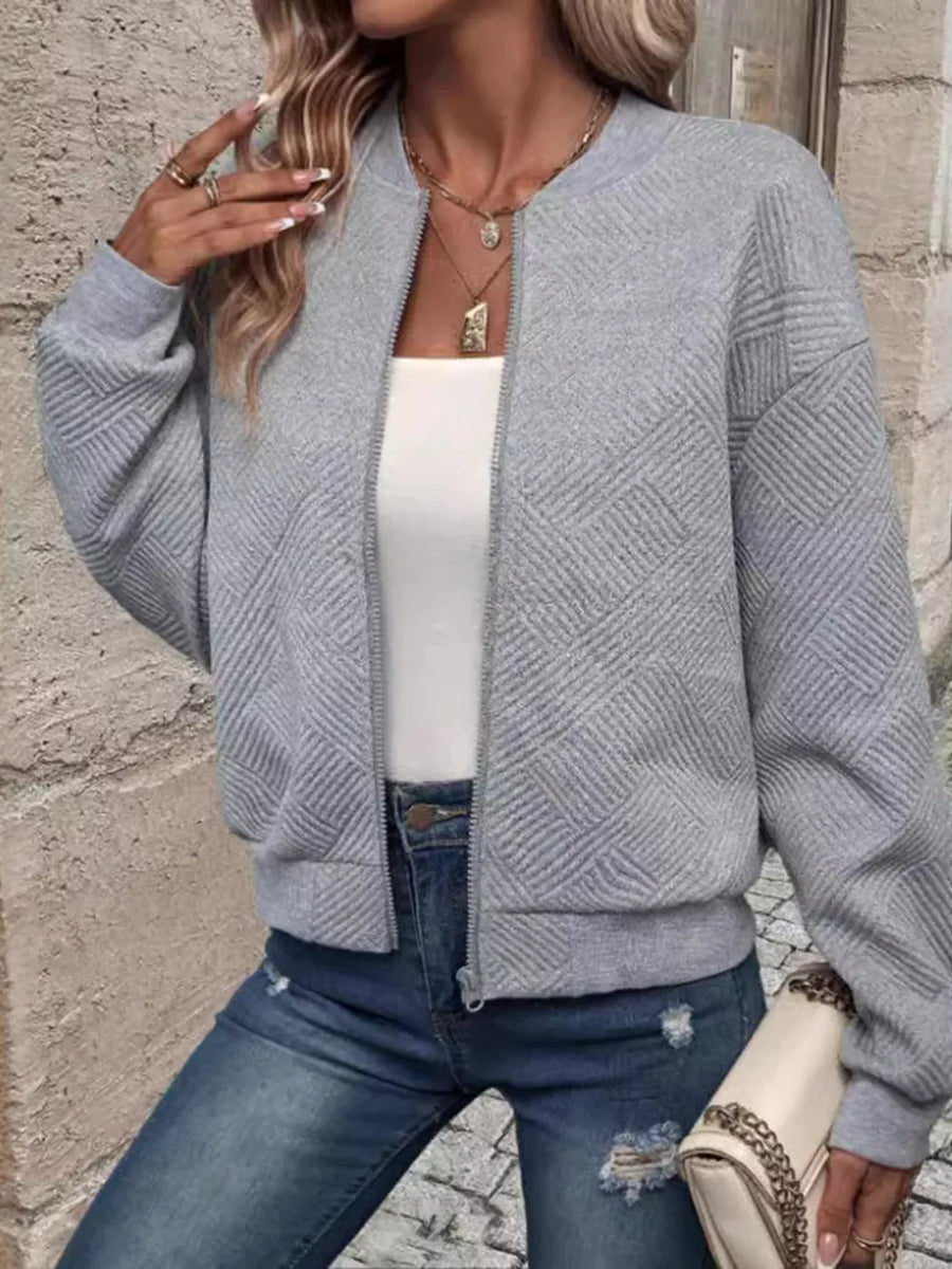 light grey bomber jacket with geometric and collared