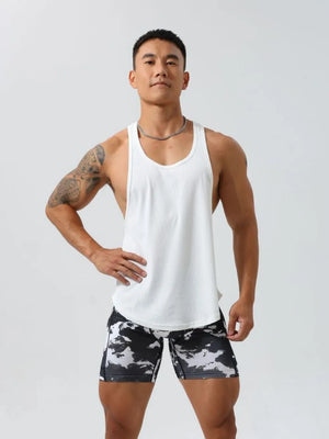 White ribbed racerback tank top for him with a relaxed fit.