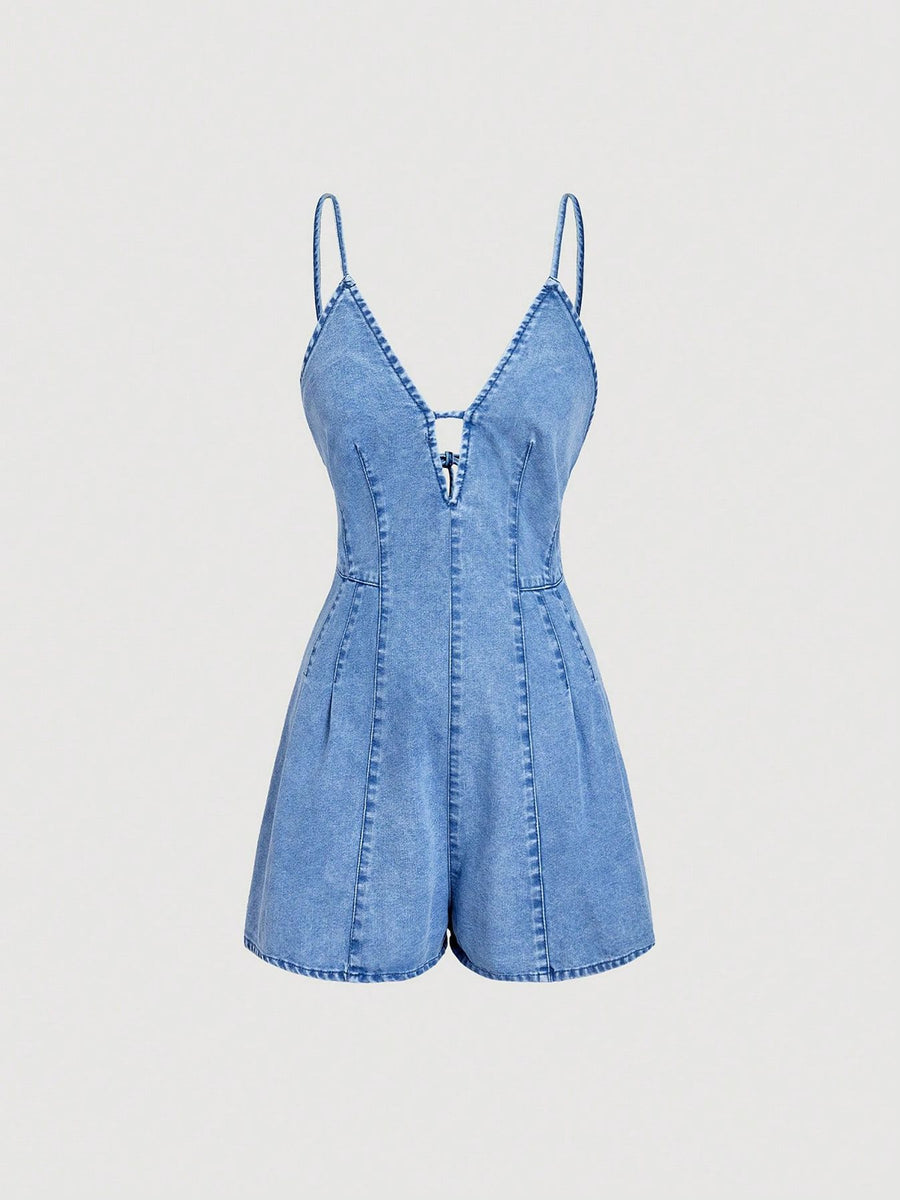 95%cotton,5%spandex Care instructions: Machine wash cold romper in Blue with fitted silhouette
