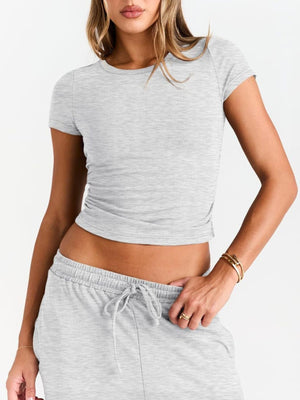 Gray round neck tee and drawstring relaxed pants set
