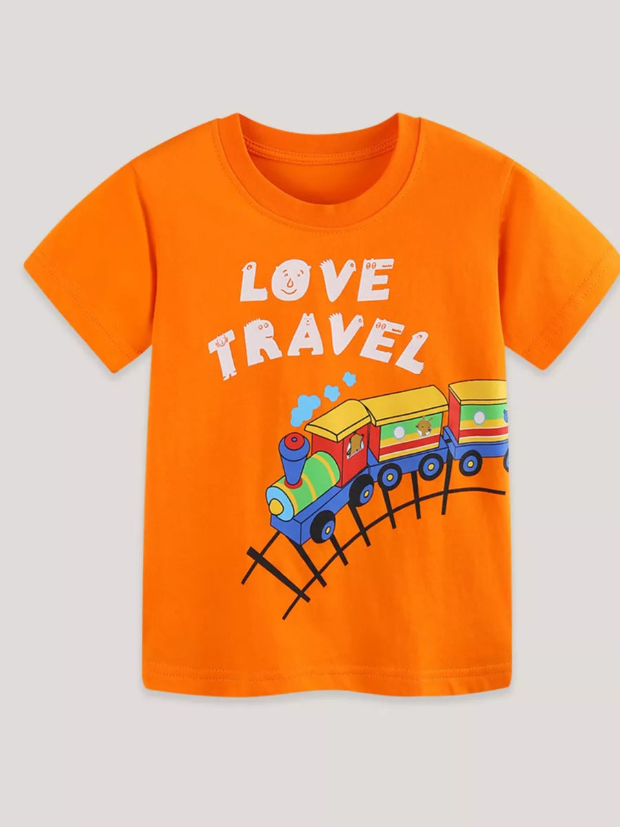 Orange cotton t-shirt with a playful train graphic and "Love Travel" text.