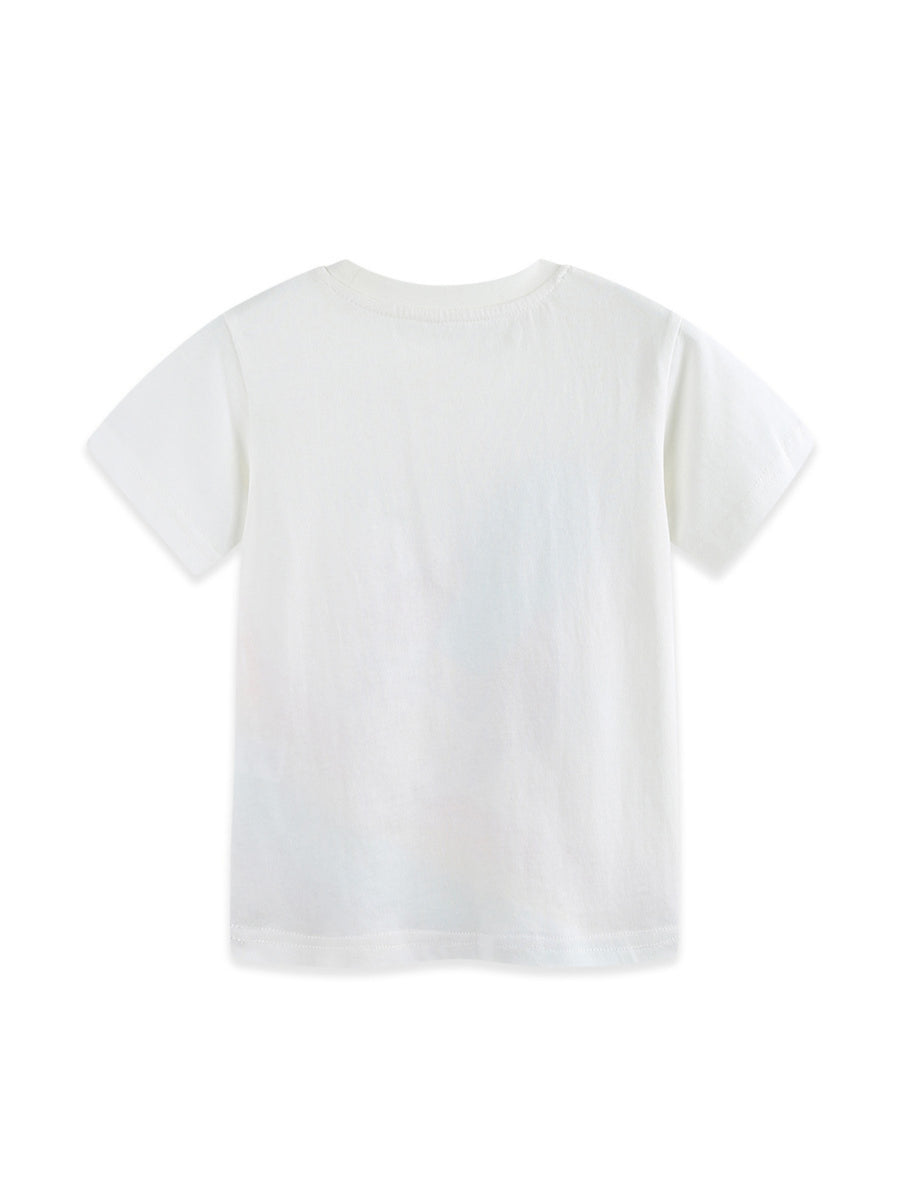 White cotton crew neck t-shirt with a rocket graphic on the front.