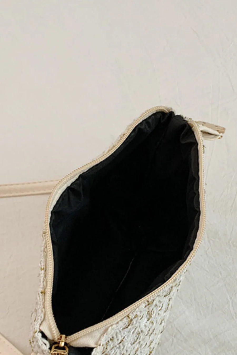 Ivory tweed box bag with gold accents and detachable strap, open view