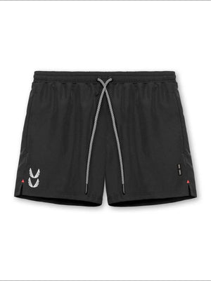 Black performance drawcord sport shorts with white logo detail and side vents.