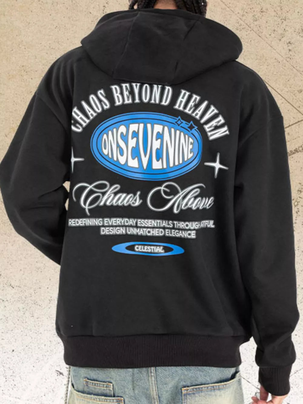 Black graphic hoodie with text and oval logo detail