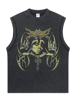 Black vintage wash graphic tank top with a distressed look and artistic print.