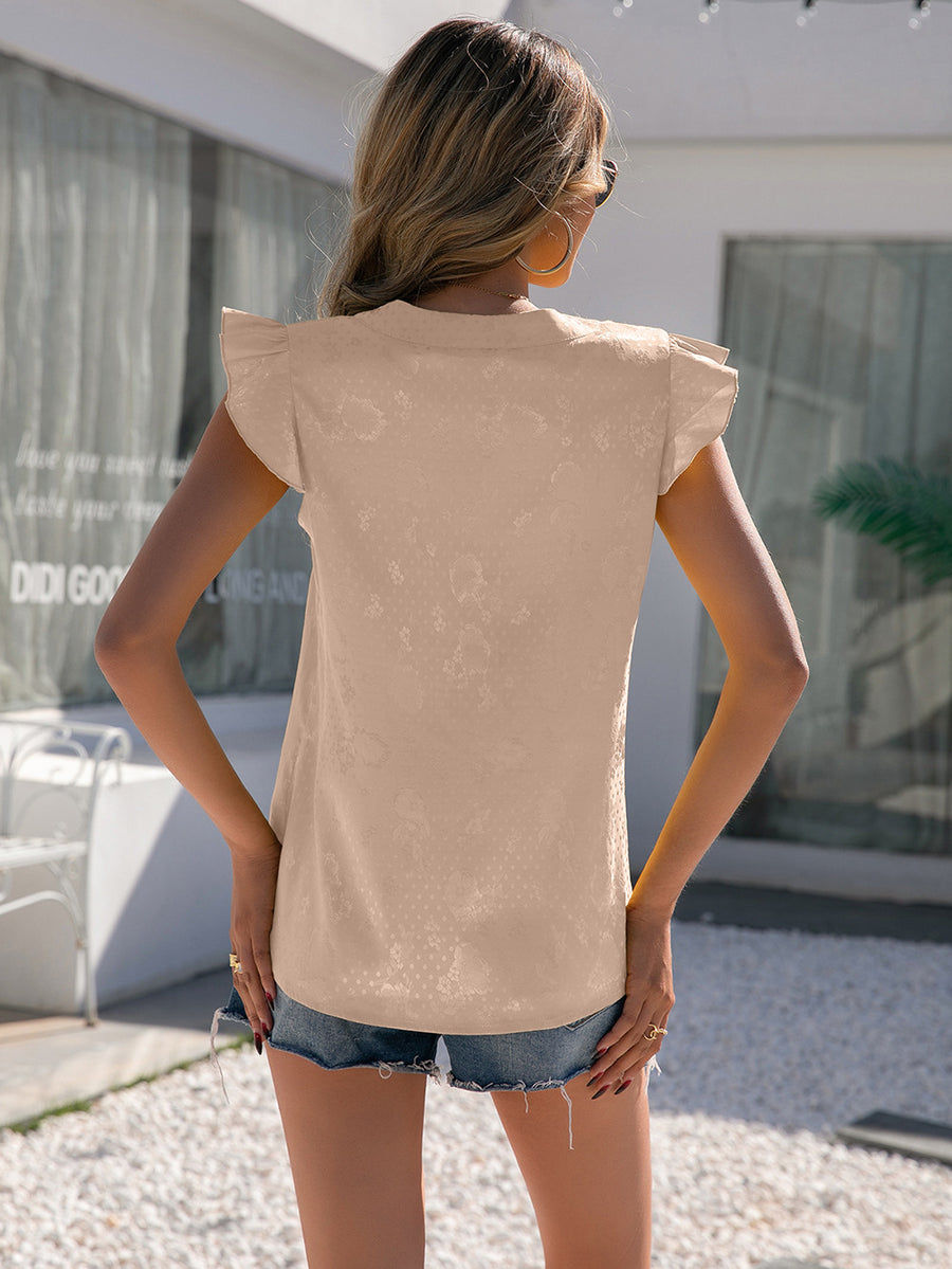 Vonili Yellow Flutter Sleeve Keyhole Jacquard Blouse