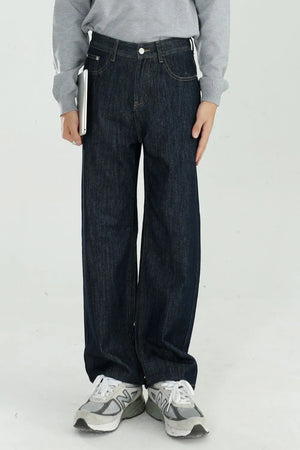 Dark wash wide-leg denim jeans with a relaxed fit and casual styling.
