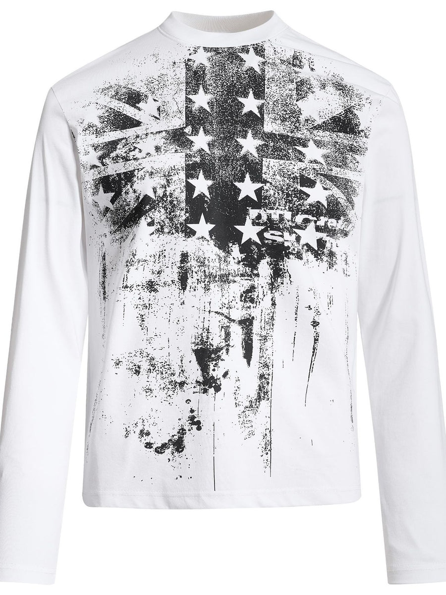 white t-shirt with graphic print and crew neck