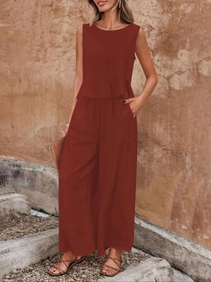 Burgundy ruffled peplum top and wide-leg pants set with crew neck and sleeveless design.