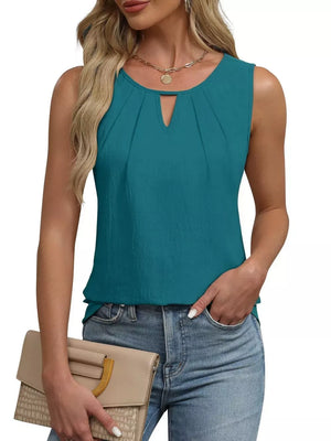 Malachite green sleeveless tank top with keyhole neckline and subtle pleating detail.