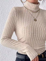 Khaki ribbed turtleneck long sleeve tee with a high neckline and fitted silhouette.