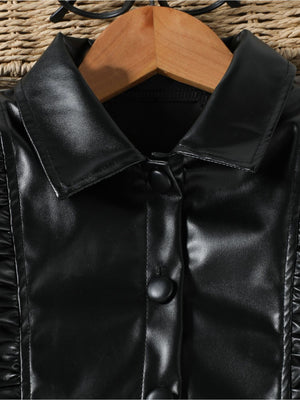 Black faux leather toddler shirt with ruffles and button front.