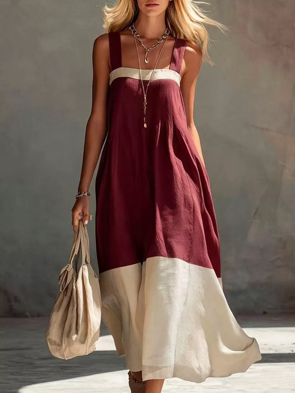 cream A-line midi dress with square neck