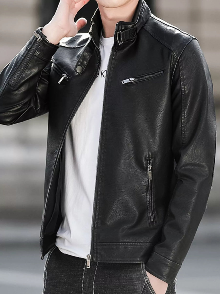Men's black faux leather zip-up jacket with zip pockets and stand-up collar.