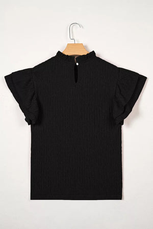 Black textured maternity shirt with ruffled mock neck and flutter sleeves