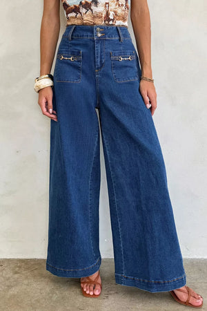 jeans in medium blue featuring buttoned and wide-leg fit