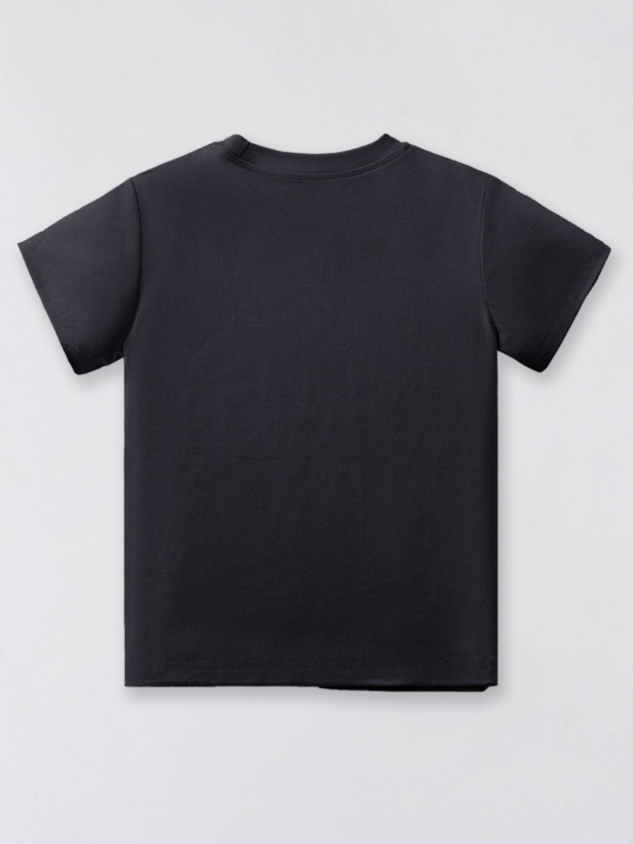Black cotton crew neck t-shirt with short sleeves.