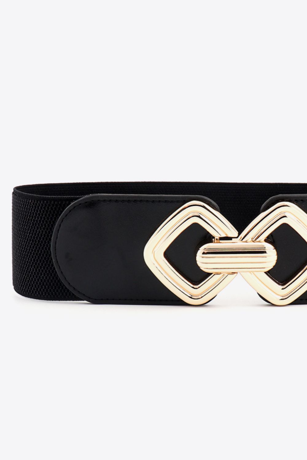 Black elasticated belt with gold geometric buckle detail
