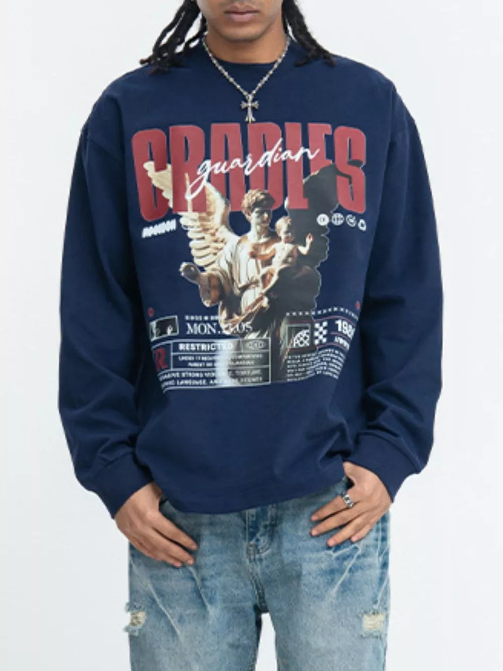 Black Men's Guardian Angel Graphic Long Sleeve T-shirt